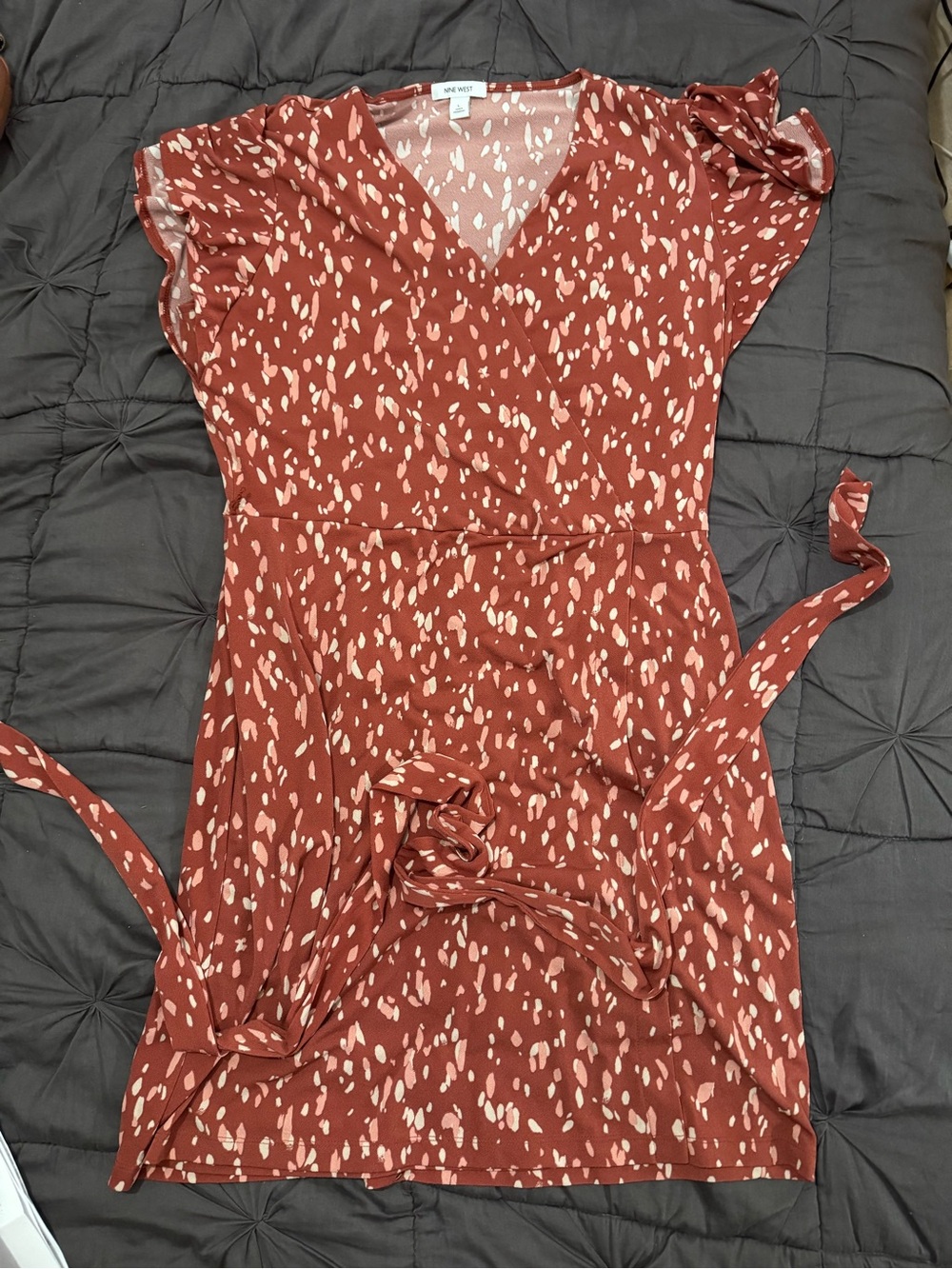 Nine West Rust Printed Wrap-Style Dress with Cream Spots